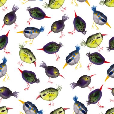 Beyaz arka planda suluboya süslü kuşların kusursuz deseni, elle boyanmış çizimler, çok renkli elementler.