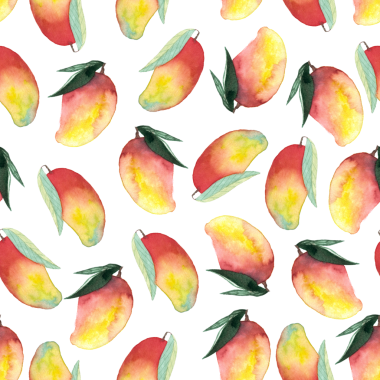 Bütünün kusursuz deseni ve beyaz arka planda boyalı mango el resmi.