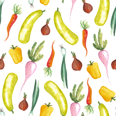Beyaz arka planda suluboya sebze elementlerinin kusursuz deseni. Farklı sebzeler elle boyanmış. Biber, pancar, havuç, soğan ve kabak.