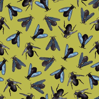 Sarı arka planda suluboya böcekler, yaban arılarının el boyaması çizimleri.