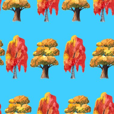 Sonbahar ağaçlarının kusursuz deseni, kırmızı huş ağacı ve mavi arka planda sarı yapraklı kavak ağacı. Suluboya el resmi çizimi