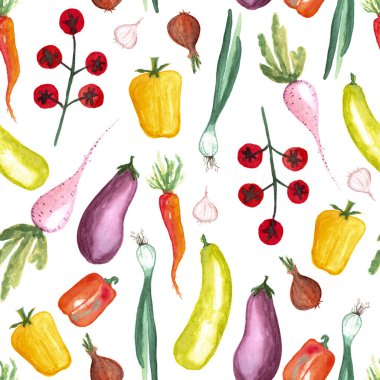 Beyaz arka planda suluboya sebze elementlerinin kusursuz deseni. Farklı sebzeler elle boyanmış. Biber, patlıcan, pancar, kiraz domatesleri, sarımsak, havuç, soğan, kabak, fesleğen
