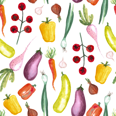 Beyaz arka planda suluboya sebze elementlerinin kusursuz deseni. Farklı sebzeler elle boyanmış. Biber, patlıcan, pancar, kiraz domatesleri, sarımsak, havuç, soğan, kabak, fesleğen