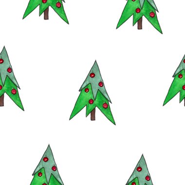 Kusursuz el yapımı suluboya Noel ağacı çizimi. Beyaz zemin üzerinde kırmızı takılar ile Firavun