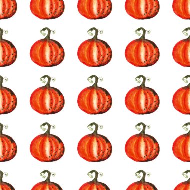 Beyaz zemin üzerinde suluboya balkabaklarının kusursuz deseni, elle boyanmış resimleme elementleri