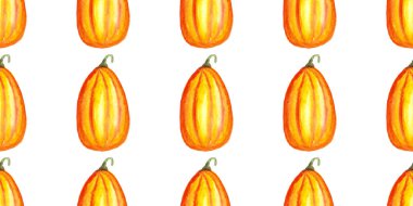 Beyaz zemin üzerinde suluboya balkabaklarının kusursuz deseni, elle boyanmış resimleme elementleri