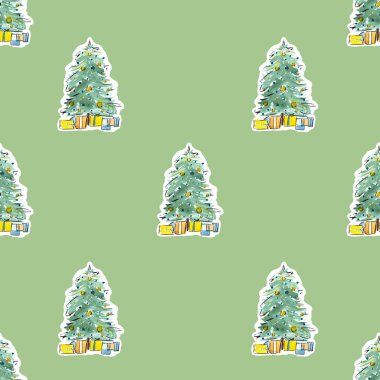 El çizimi suluboya çizimi, Noel ağacının mavi ve sarı çizimi, aşağıdaki kutular, yeşil arkaplan. Kusursuz desen