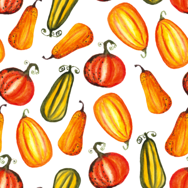 Beyaz zemin üzerinde suluboya balkabaklarının kusursuz deseni, elle boyanmış resimleme elementleri