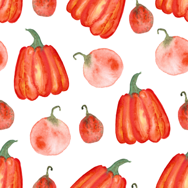 Beyaz zemin üzerinde suluboya balkabaklarının kusursuz deseni, elle boyanmış resimleme elementleri