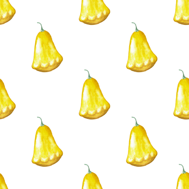 Sarı kabakların kusursuz deseni, beyaz arkaplanda suluboya resimleme elementleri