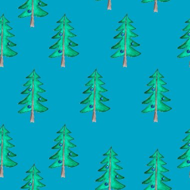 Mavi arka planda elle çizilen kusursuz noel ağacı deseni, suluboya çizimi
