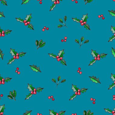 Mavi arka planda kusursuz el yapımı kutsal yapraklar ve kırmızı böğürtlenler, Noel suluboya çizimi