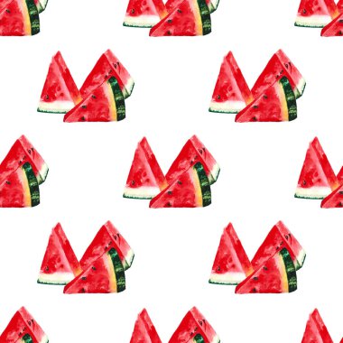 Kusursuz karpuz dilimleri, beyaz arkaplanda elle boyanmış suluboya resimler.