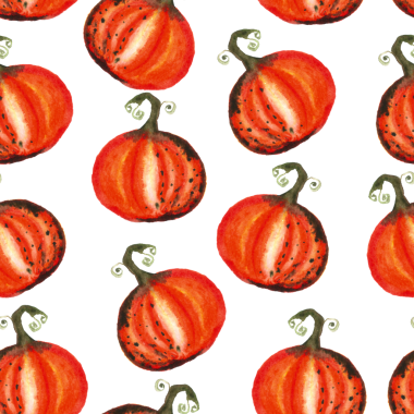 Beyaz zemin üzerinde suluboya balkabaklarının kusursuz deseni, elle boyanmış resimleme elementleri