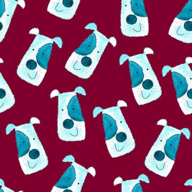 Suluboya mavi köpek portresinin kusursuz deseni, koyu kırmızı arka planda elle boyanmış çizimler.