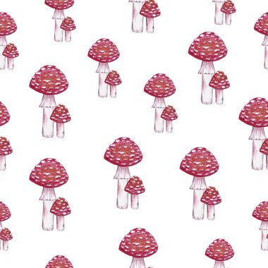 Beyaz arka planda uçucu mantarların kusursuz deseni, el çizimi kalemler mantar çizimleri