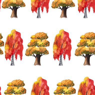 Sonbahar ağaçlarının kusursuz deseni, kırmızı huş ağacı ve beyaz arka planda sarı yapraklı kavak ağacı. Suluboya el resmi çizimi
