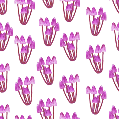 Beyaz arka planda pürüzsüz pembe mantar deseni, el çizimi renkli kalemler çizimi