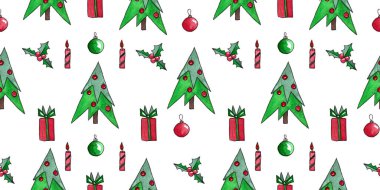 Kusursuz el yapımı suluboya Noel ağacı çizimi hediyeler, mumlar, kutsal meyveler ve takılar. Beyaz arkaplanda kırmızı ampullü ateşlerName