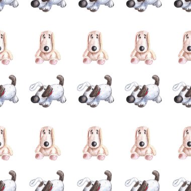 Doldurulmuş oyuncakların kusursuz deseni, beyaz arka planda renkli kalemlerle çizilmiş peluş köpek yavruları. Köpekler doldurur