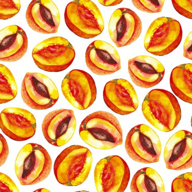 Kusursuz şeftali deseni, beyaz arka planda elle boyanmış suluboya çizimler.