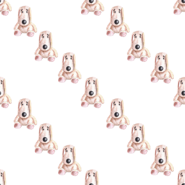 Doldurulmuş oyuncak elin kusursuz deseni beyaz arka planda renkli kalemlerle çizilmiş. Köpek yavrusu, bej peluş köpek yavrusu