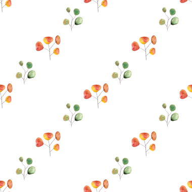 turuncu ve yeşil okaliptüs suluboya yaprakları beyaz arka planda, el çizimi, pürüzsüz desen