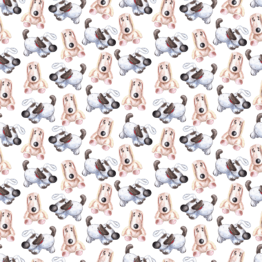 Doldurulmuş oyuncakların kusursuz deseni, beyaz arka planda renkli kalemlerle çizilmiş peluş köpek yavruları. Köpekler doldurur