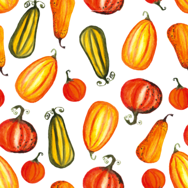 Beyaz zemin üzerinde suluboya balkabaklarının kusursuz deseni, elle boyanmış resimleme elementleri