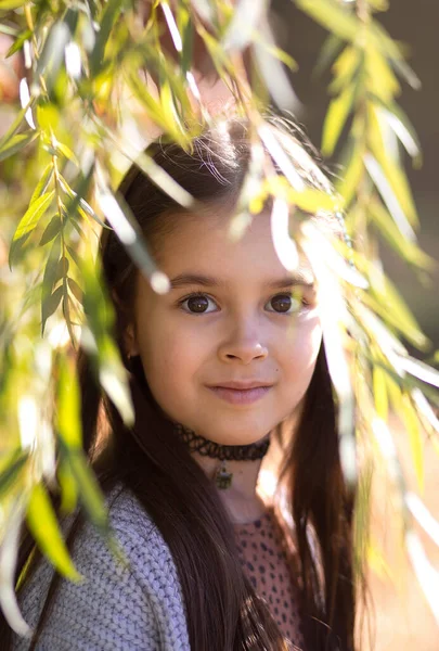 Portré Egy Fiatal Gyönyörű Barna Kislányról Szabadban Nyári Napon Szoros — Stock Fotó