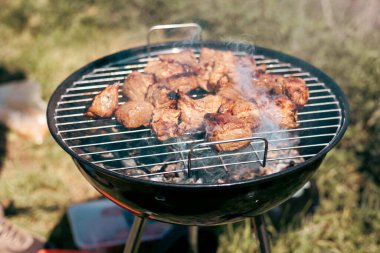 Meat is fried on a campfire, barbecue in nature. Pickled meat is cooked on coals, Grilled BBQ.