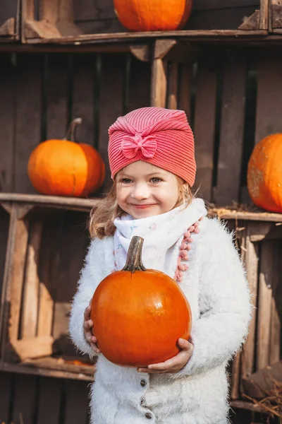 Αξιολάτρευτο Κοριτσάκι Που Κρατάει Κολοκύθα Στον Κήπο Φθινοπωρινή Περίοδος Στην — Φωτογραφία Αρχείου
