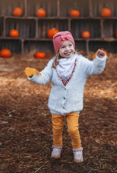 Χαμογελαστό Χαρούμενο Κοριτσάκι Παλτό Που Κρατάει Φύλλα Του Φθινοπώρου Διασκεδάζοντας — Φωτογραφία Αρχείου