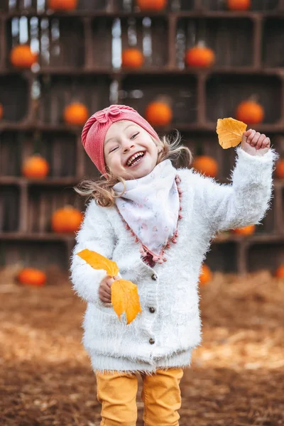 Sorrindo Menina Pequena Feliz Casaco Segurando Folhas Outono Divertindo Floresta — Fotografia de Stock
