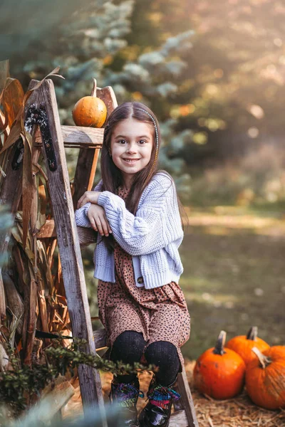 Őszi Tökbetakarítás Gyermek Narancs Tök Farmpiacon Vagy Szezonális Fesztiválon Aranyos — Stock Fotó