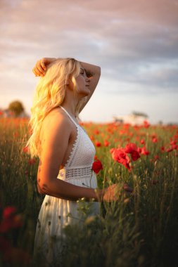 Gün batımında haşhaş tarlasında beyaz elbiseli güzel sarışın kadın. Kadın ve doğa