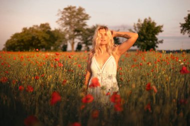 Gün batımında haşhaş tarlasında beyaz elbiseli güzel sarışın kadın. Kadın ve doğa