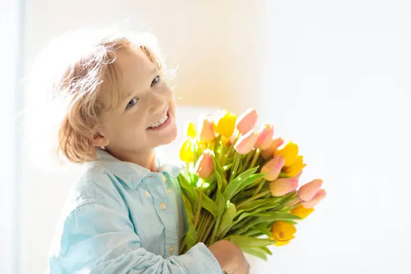 Child Flower Bouquet Mother Day Greeting Little Boy Bunch Tulips — Stock Photo, Image