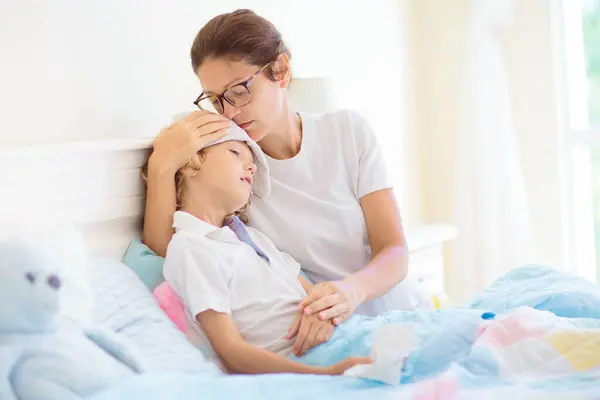 Sick Child Bed Mother Checking Unwell Kid Little Boy Having — Stock Photo, Image