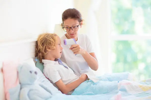 Sick Child Bed Mother Checking Unwell Kid Little Boy Having — Stock Photo, Image