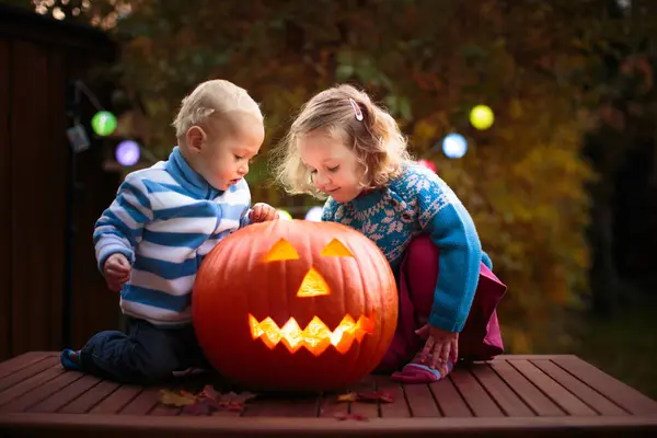 Kids Trick Treat Halloween Costume Children Colorful Dress Candy Bucket — Stock Photo, Image