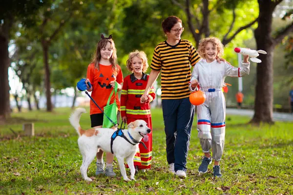 Kids trick or treat in Halloween costume. Children in colorful dress up with candy bucket on suburban street. Little boy and girl trick or treating with pumpkin lantern. Autumn holiday fun.