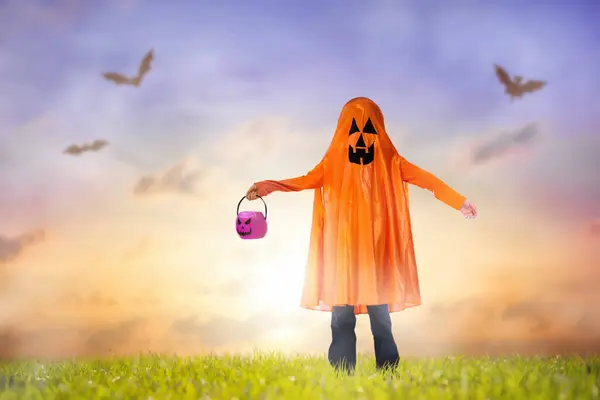 Little Child Ghost Costume Halloween Trick Treat Kids Holding Candy — Stock Photo, Image