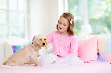 Bebek köpekle oynayan çocuk. Çocuklar köpek yavrusuyla oynar. Küçük kız ve Amerikan cocker spaniel evde yatakta. Çocuklar ve evcil hayvanlar evde. Çocuk evcil hayvanla şekerleme yapıyor. Hayvan bakımı.