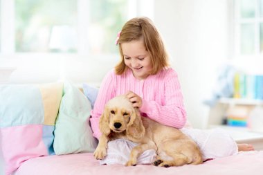 Bebek köpekle oynayan çocuk. Çocuklar köpek yavrusuyla oynar. Küçük kız ve Amerikan cocker spaniel evde yatakta. Çocuklar ve evcil hayvanlar evde. Çocuk evcil hayvanla şekerleme yapıyor. Hayvan bakımı.