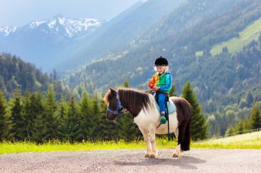 Alp dağlarında midilliye binen çocuklar. Avusturya 'daki at çiftliğinde aile tatili, Tirol. Çocuklar ata biner. Çocuk hayvanla ilgileniyor. Çocuk ve evcil hayvan. Midilli üstünde küçük bir çocuk..