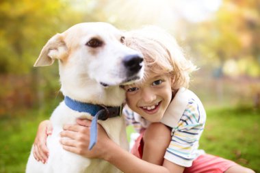 Çocuk köpeğiyle oynuyor. Çocuklar ve köpekler. Küçük çocuk güneşli arka bahçede hayvanına sarılıyor. Hayvan bakımı. Aşk ve arkadaşlık. Aile hayvanları. Yavru köpek.