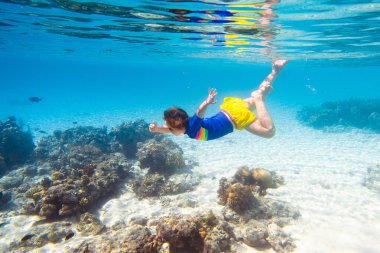 Çocuk şnorkelle yüzüyor. Çocuklar su altında yüzer. Çocuklarla plaj ve deniz tatili. Küçük kız mercan resifi balıklarını izliyor. Egzotik adada deniz yaşamı. Çocuk yüzüyor ve şnorkel ve maskeyle dalıyor..