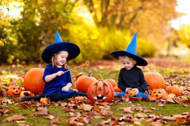 Cadılar Bayramı 'nda sonbahar parkında balkabağı ve örümcekle oynayan mavi cadı kostümlü çocuklar. Çocuklar şeker mi şaka mı? Erkek ve kız balkabağı oyuyor. Sonbaharda aile eğlencesi. Giyinik çocuk..