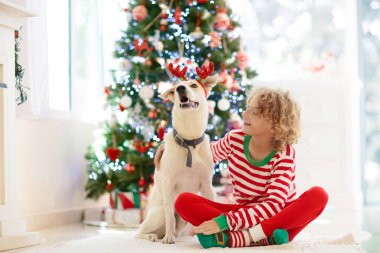 Evde Noel. Çocuklar ve köpek yılbaşı ağacının altında. Küçük oğlan ve kız Noel Baba şapkalı evcil hayvana sarılıp Noel hediyelerini açıyor. Çocuklar hayvanlarla oynar. Kış bayramı kutlaması. Aşk ve arkadaşlık.